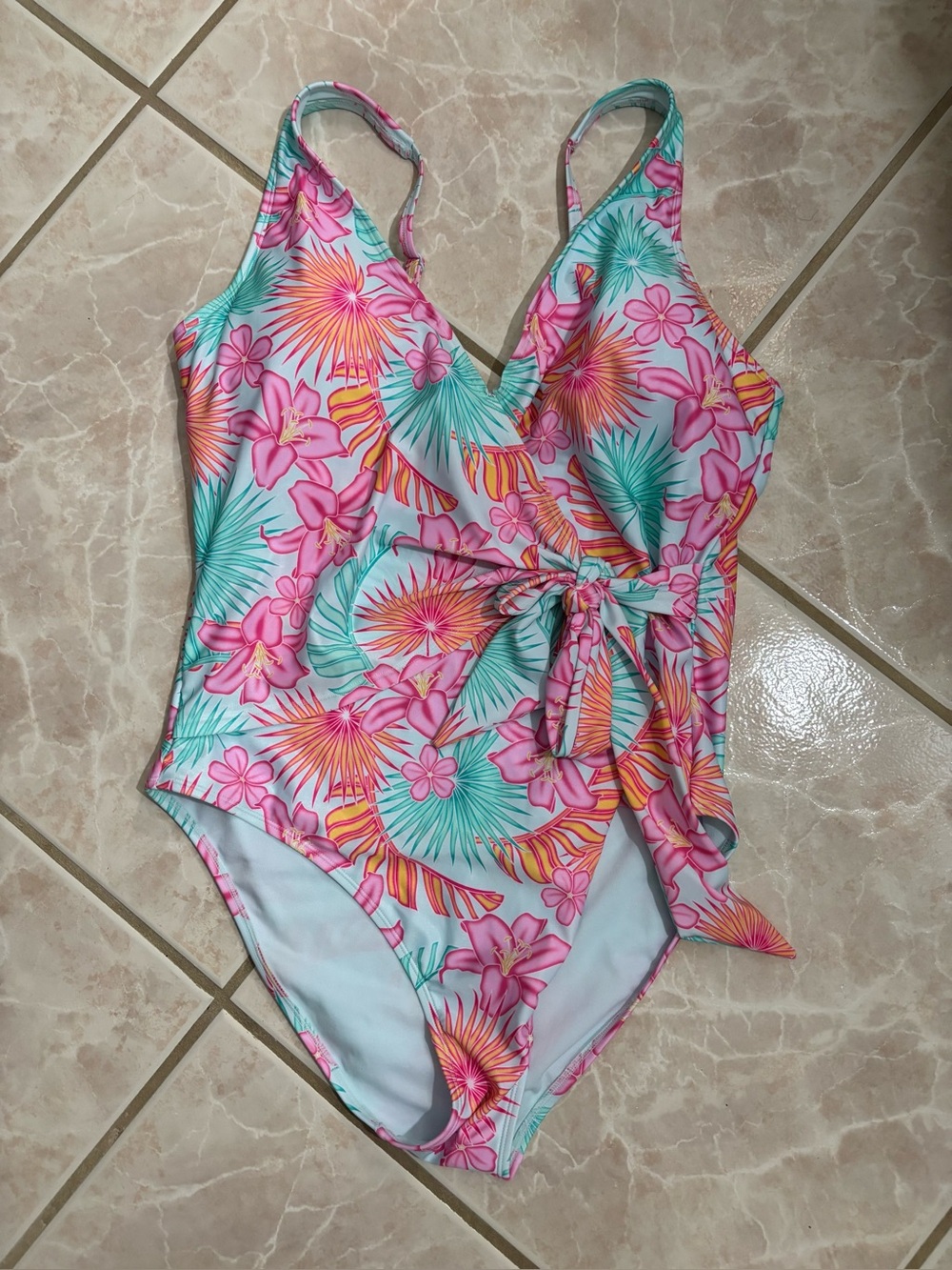 Tropical Floral One-Piece Swimsuit with Side Tie - Pink & Aqua